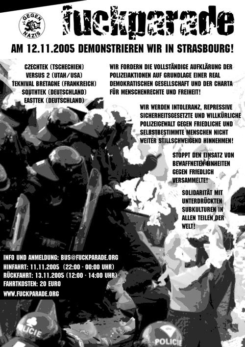 Flyer fr Strasbourg: Neben dem Text sind stilisierte Polizisten, die mit Knppeln auf Tanzende einschlagen