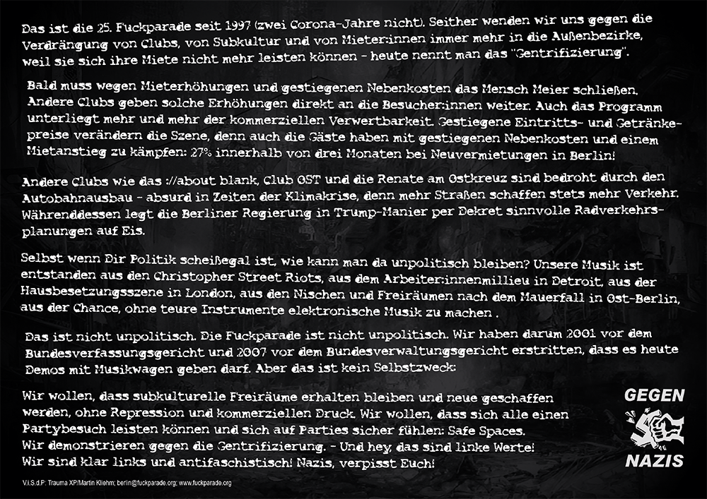 Fuckparade Flyer 2023: R�ckseite mit Text