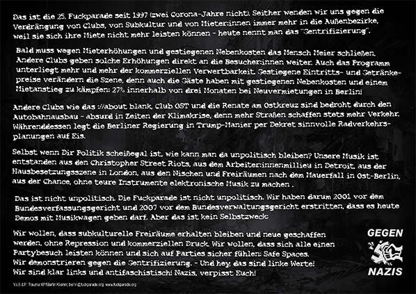 Fuckparade Flyer 2023: R�ckseite mit Text