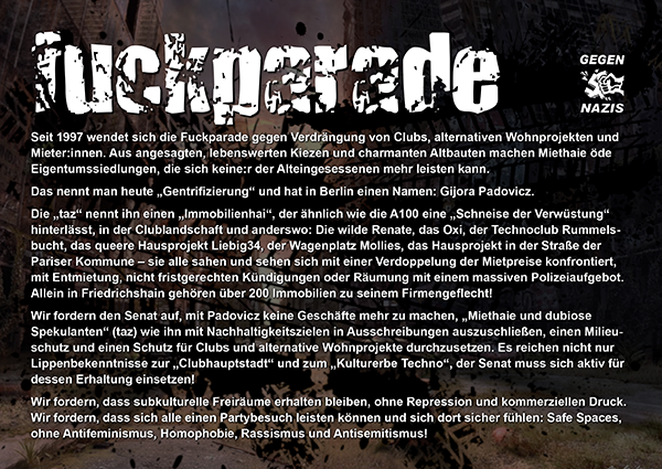 Fuckparade Flyer 2024: R�ckseite mit Text